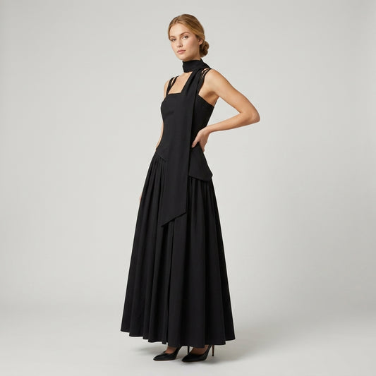 Pleated Scarf Strap High Slit Maxi Dress