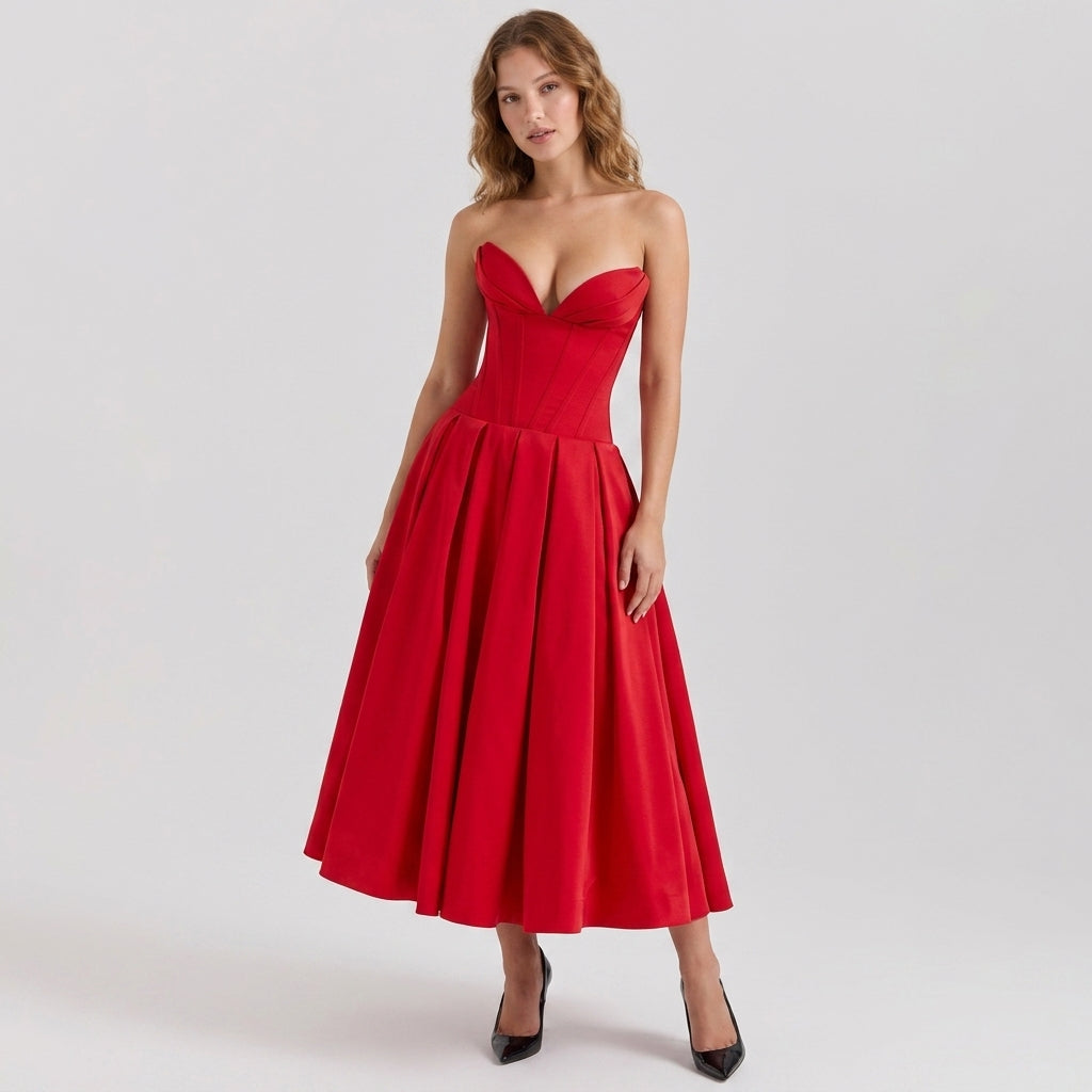 Deep V-Neck Wrap Sleeveless Mid-Length Dress