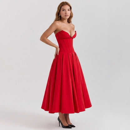 Deep V-Neck Wrap Sleeveless Mid-Length Dress