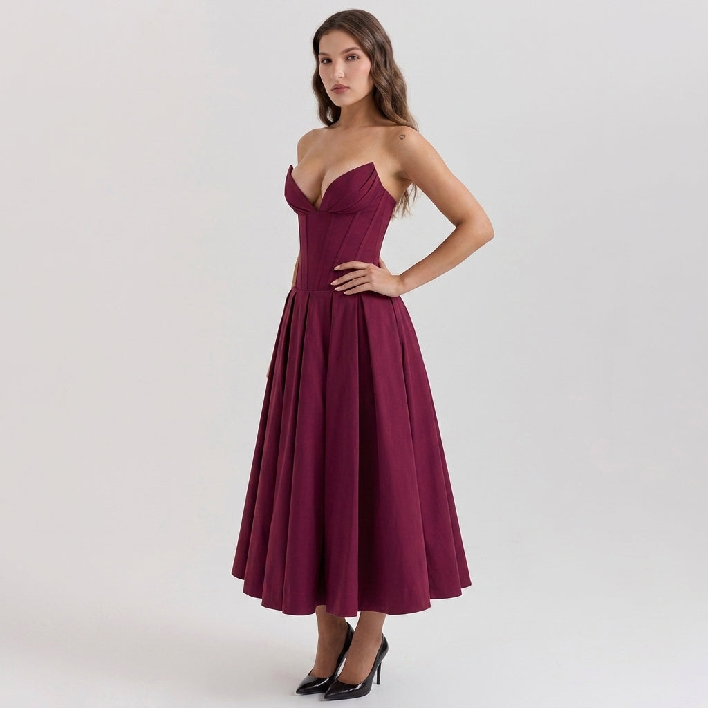 Deep V-Neck Wrap Sleeveless Mid-Length Dress