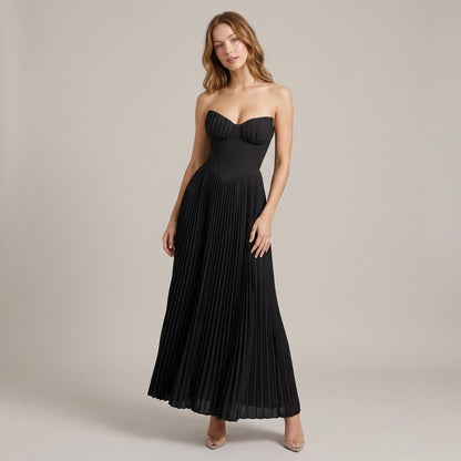 Strapless Ruched Pleated V-Neck Maxi Gown
