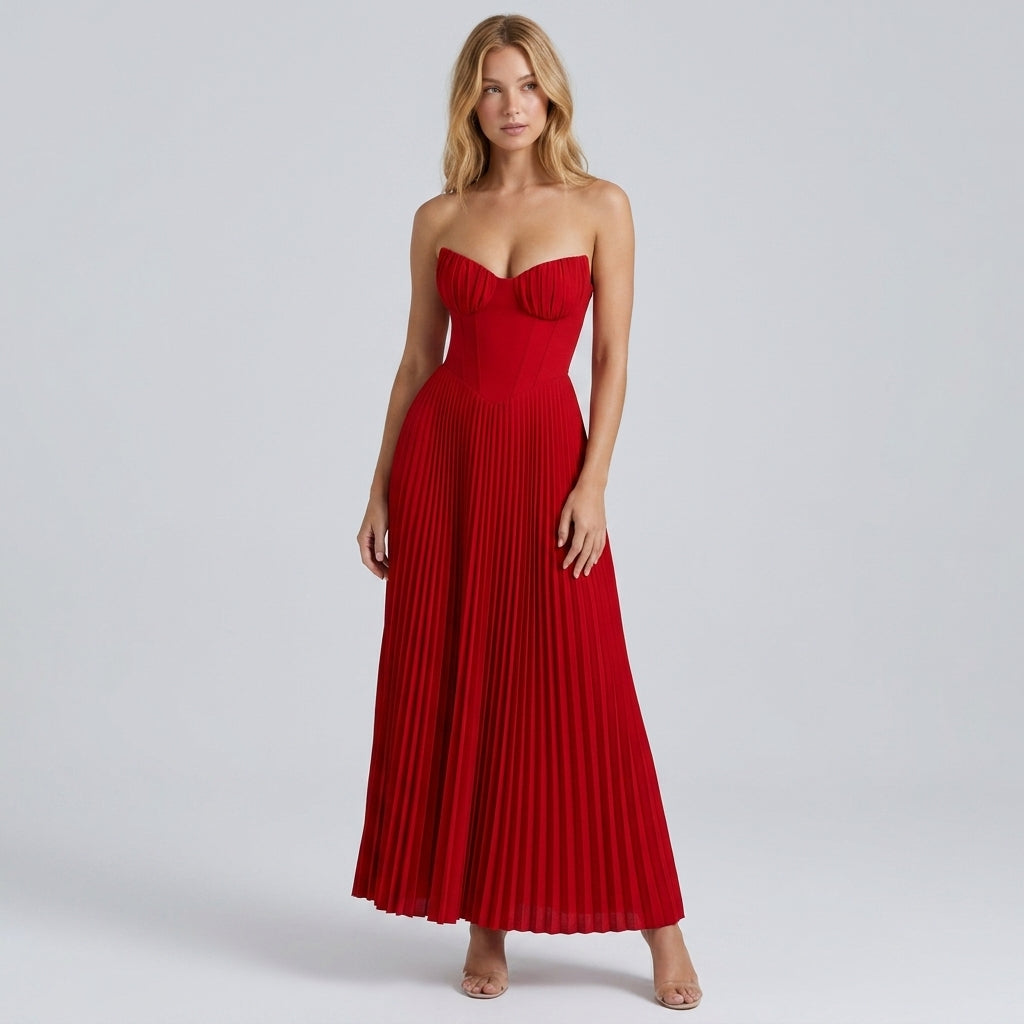 Strapless Ruched Pleated V-Neck Maxi Gown