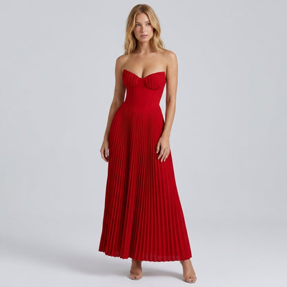 Strapless Ruched Pleated V-Neck Maxi Gown