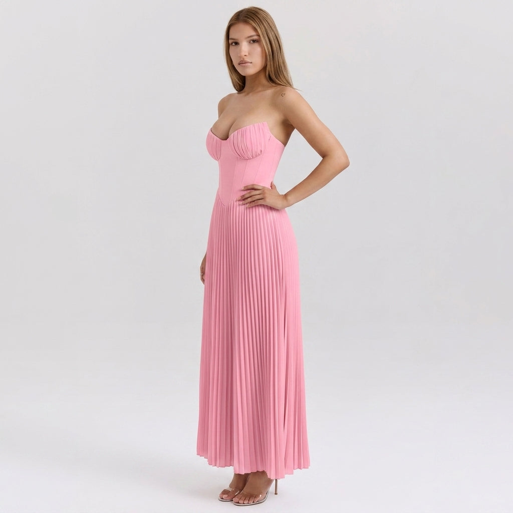 Strapless Ruched Pleated V-Neck Maxi Gown