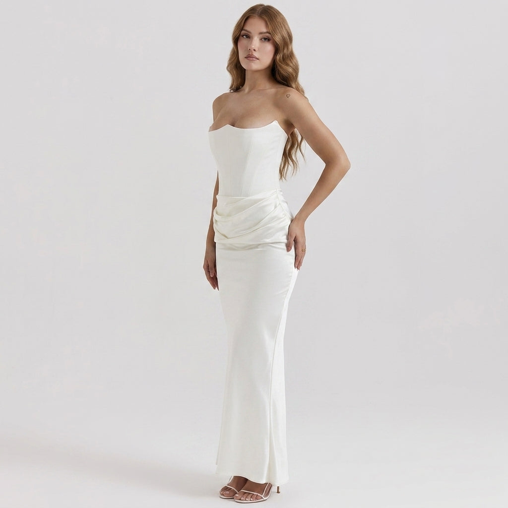 One-Shoulder Pleated Bodysuit Maxi Dress