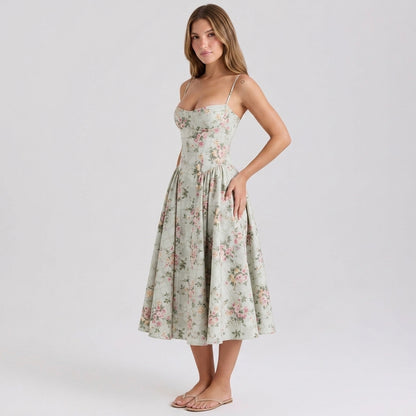 Off-The-Shoulder Puff Sleeve Corset Midi Dress