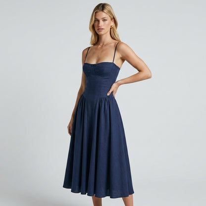 Off-The-Shoulder Puff Sleeve Corset Midi Dress