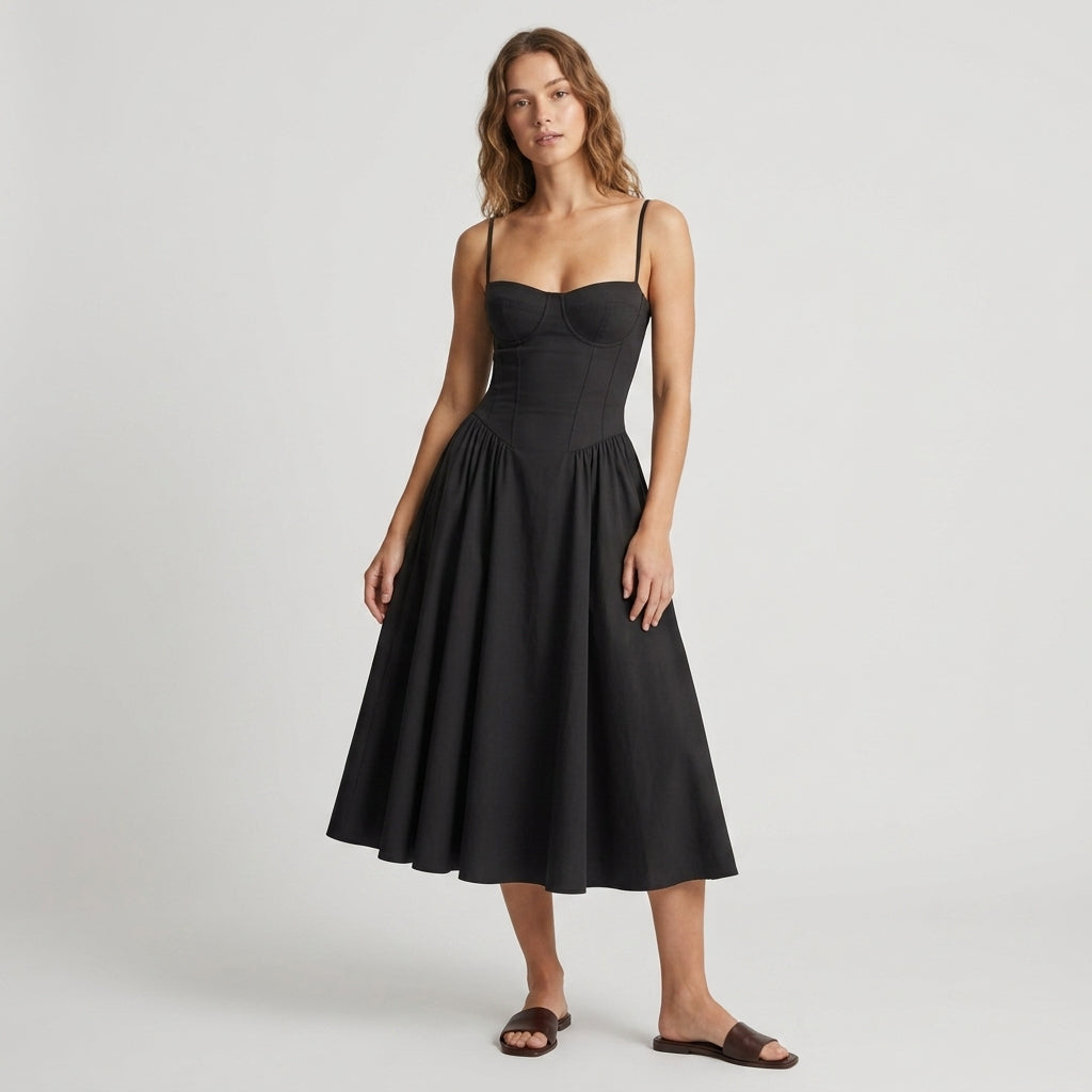 Off-The-Shoulder Puff Sleeve Corset Midi Dress