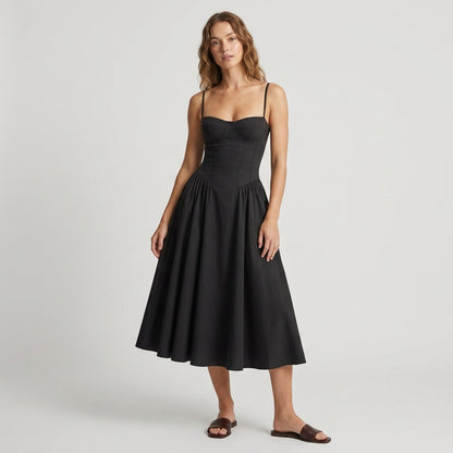 Off-The-Shoulder Puff Sleeve Corset Midi Dress
