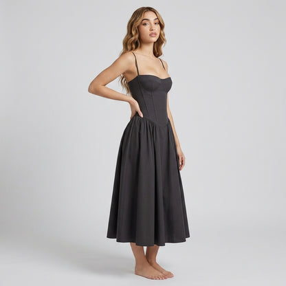 Off-The-Shoulder Puff Sleeve Corset Midi Dress