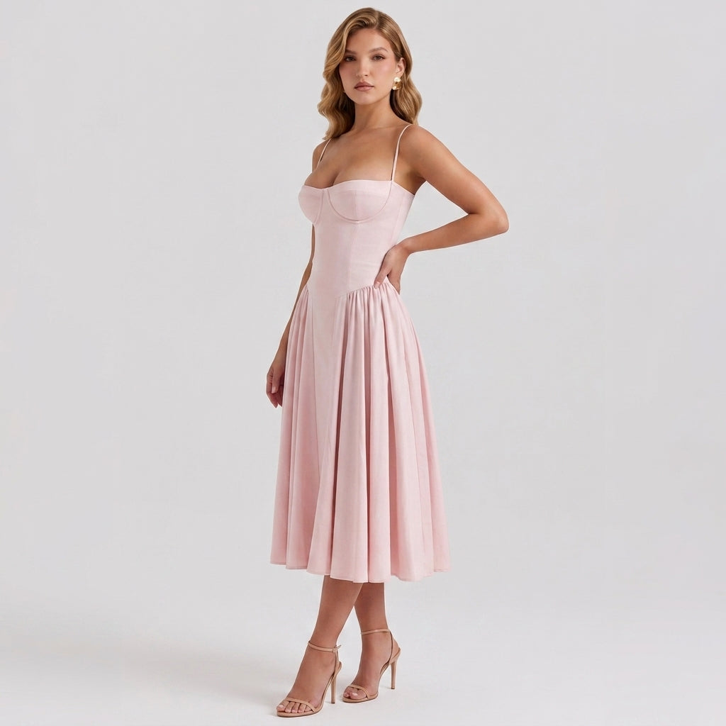 Off-The-Shoulder Puff Sleeve Corset Midi Dress