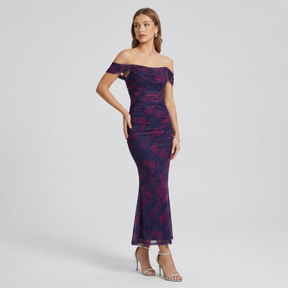 One-Shoulder Pleated Fishbone Mesh Midi Dress