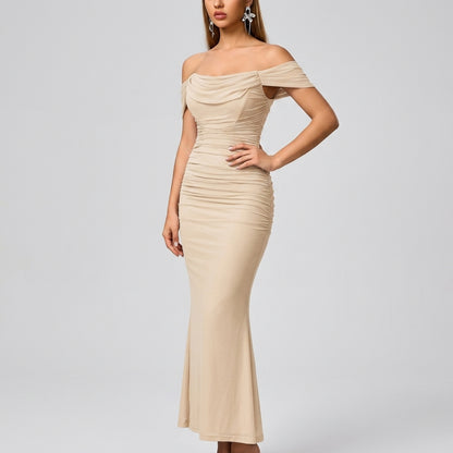 One-Shoulder Pleated Fishbone Mesh Midi Dress