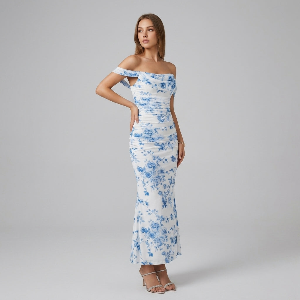 One-Shoulder Pleated Fishbone Mesh Midi Dress