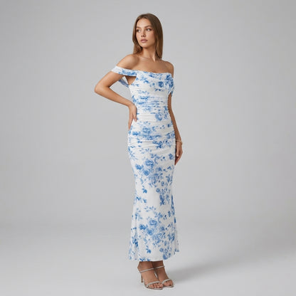 One-Shoulder Pleated Fishbone Mesh Midi Dress