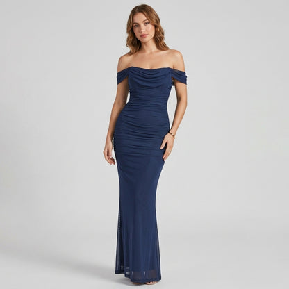 One-Shoulder Pleated Fishbone Mesh Midi Dress
