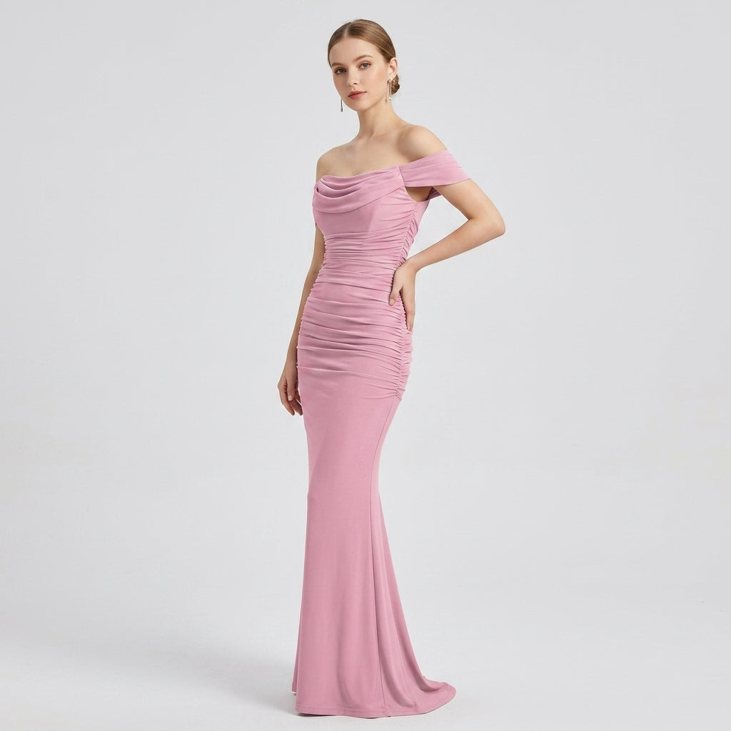 One-Shoulder Pleated Fishbone Mesh Midi Dress