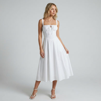 High-Waisted Lace-Up Sling Midi Dress with Slit