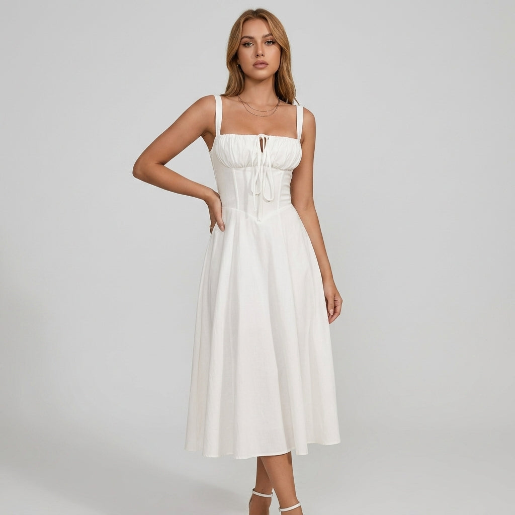 High-Waisted Lace-Up Sling Midi Dress with Slit