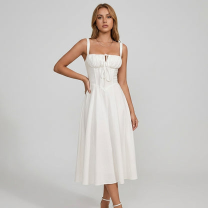 High-Waisted Lace-Up Sling Midi Dress with Slit
