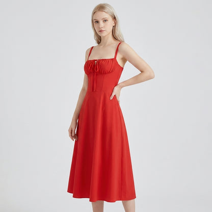 High-Waisted Lace-Up Sling Midi Dress with Slit