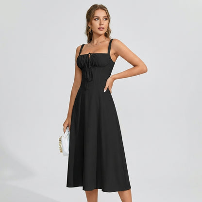 High-Waisted Lace-Up Sling Midi Dress with Slit