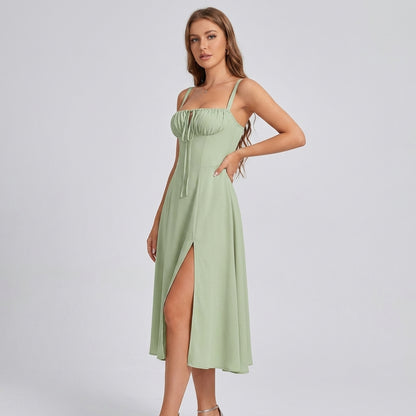 High-Waisted Lace-Up Sling Midi Dress with Slit