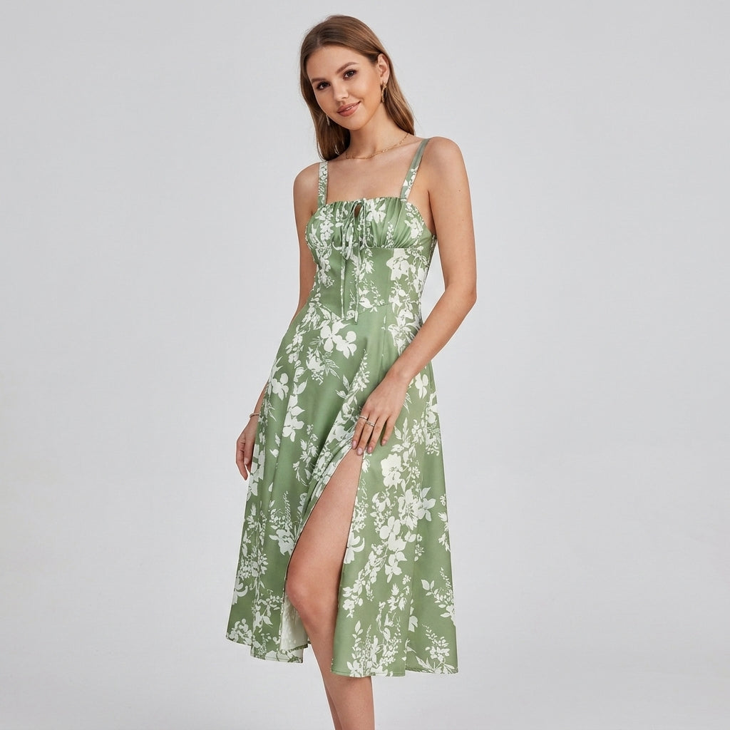 High-Waisted Lace-Up Sling Midi Dress with Slit