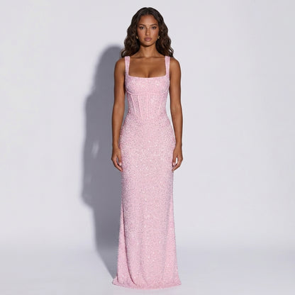 Sequined Slit Tube Dress with Adjustable Straps