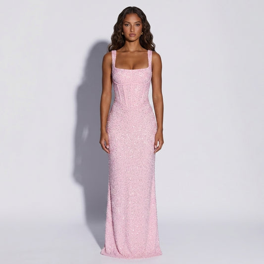 Sequined Slit Tube Dress with Adjustable Straps