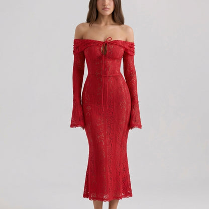 One-Shoulder Bell Sleeve Lace Maxi Gown