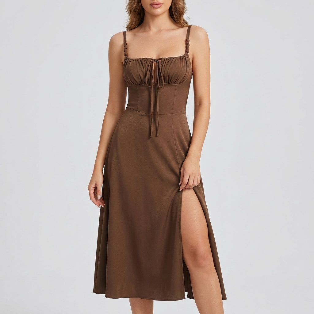 High-Waisted Lace-Up Sling Midi Dress with Slit