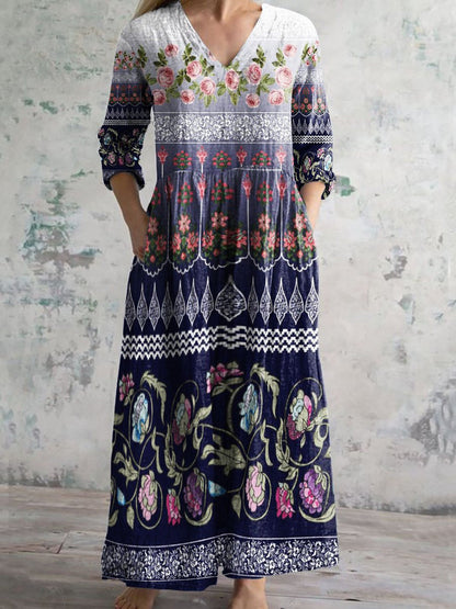 Womens Floral Print V-neck Dress