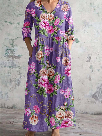 Womens Floral Print V-neck Dress