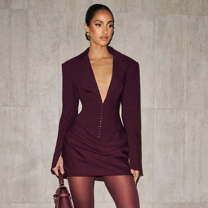 Deep V-Neck Suit Collar Milk Silk Mini Dress