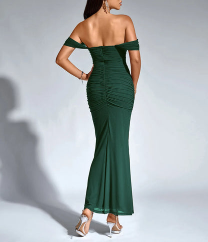 One-Shoulder Pleated Fishbone Mesh Midi Dress