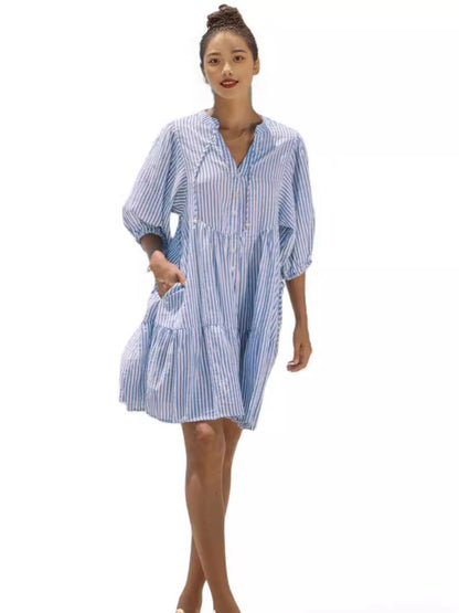 Linen Striped Button Maxi Dress