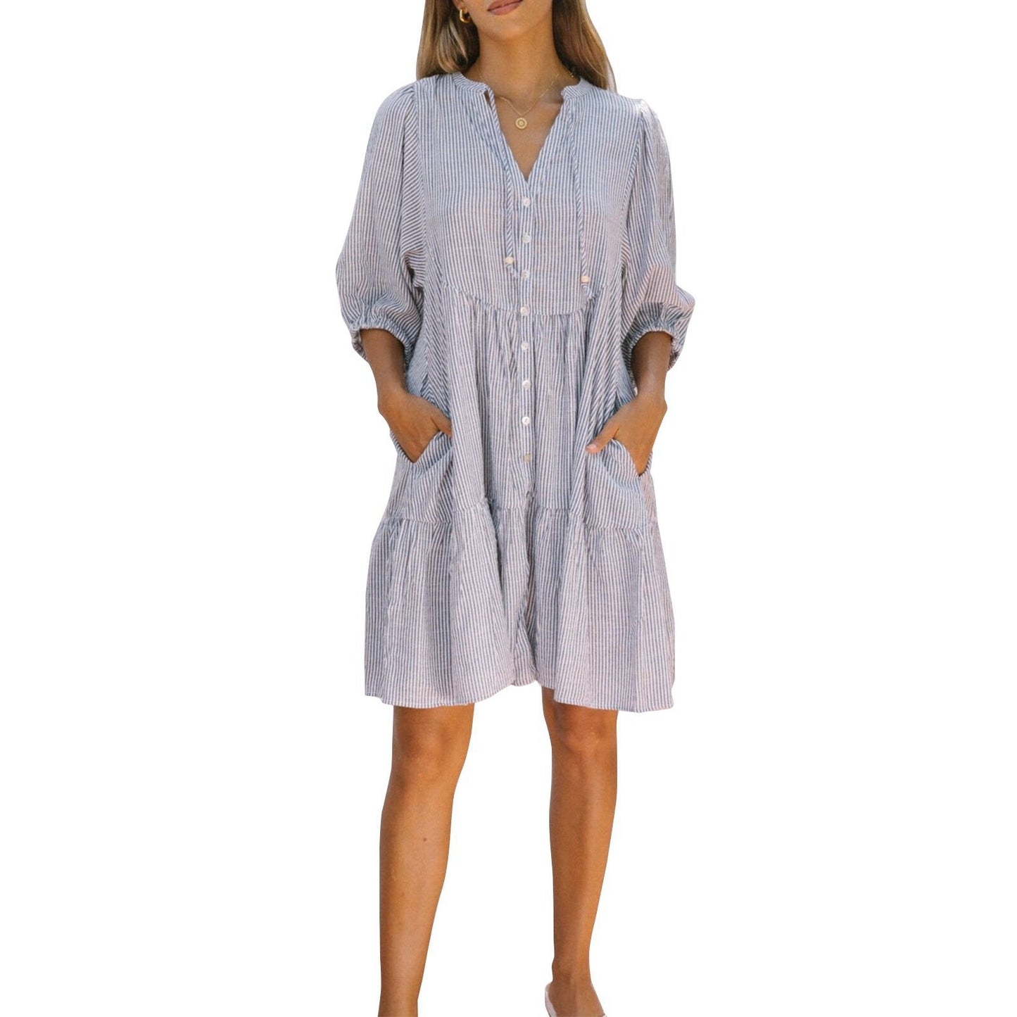 Linen Striped Button Maxi Dress